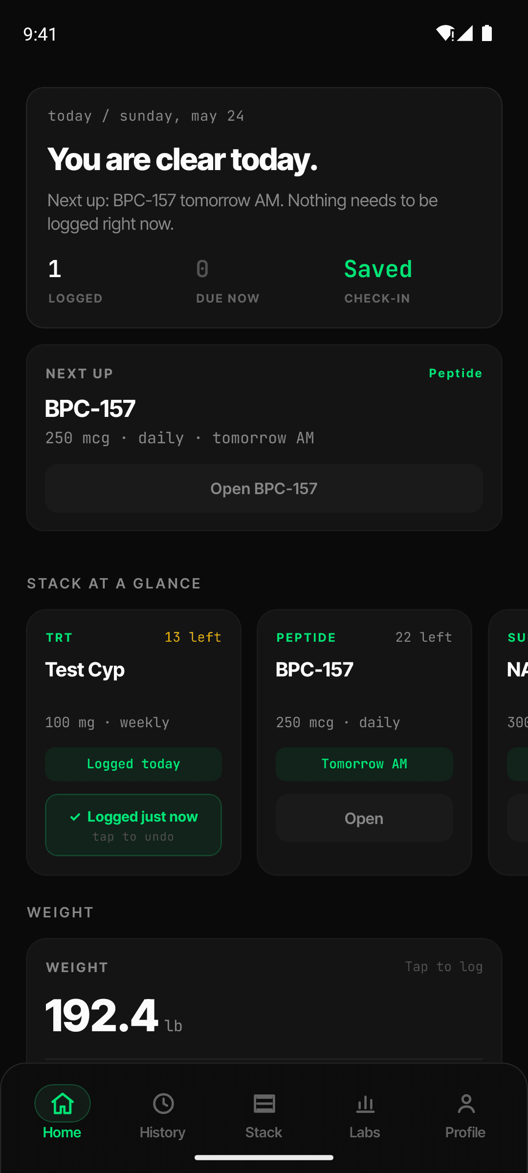 Regimio home screen · your stack at a glance